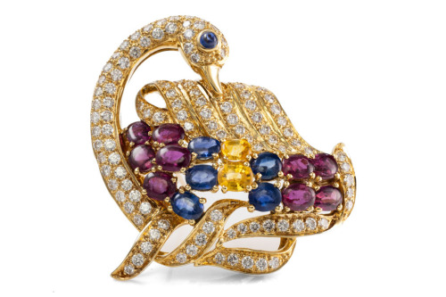 Sapphire, Ruby & Diamond Swan Brooch