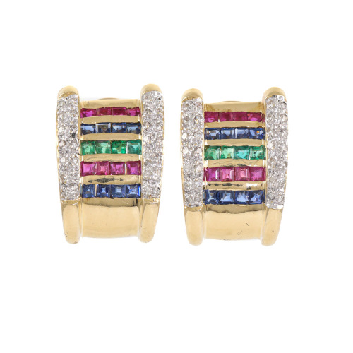 Ruby, Sapphire, Emerald and Diamond Earrings